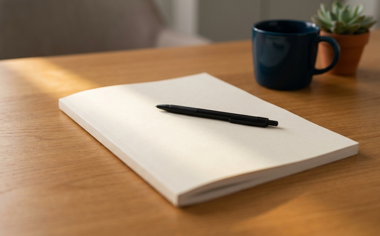 A printed AI acceptable use policy resting on a warm oak desk in morning sunlight, with a pen and a deep-navy coffee mug nearby. The quiet moment before adoption.