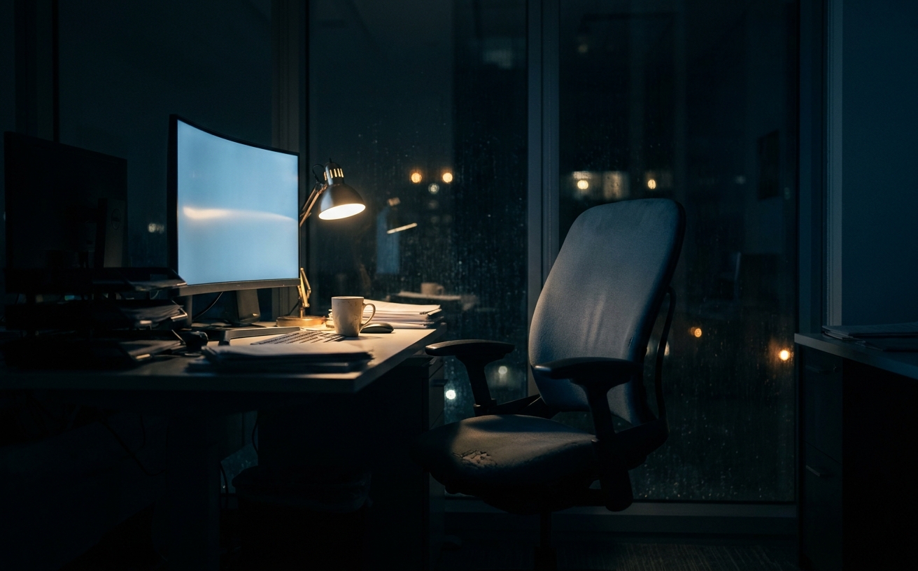 A quiet office at 3am, lit only by the cool glow of a single monitor and a desk lamp. An empty chair faces the desk. Distant city lights in the window. The moment before the call.