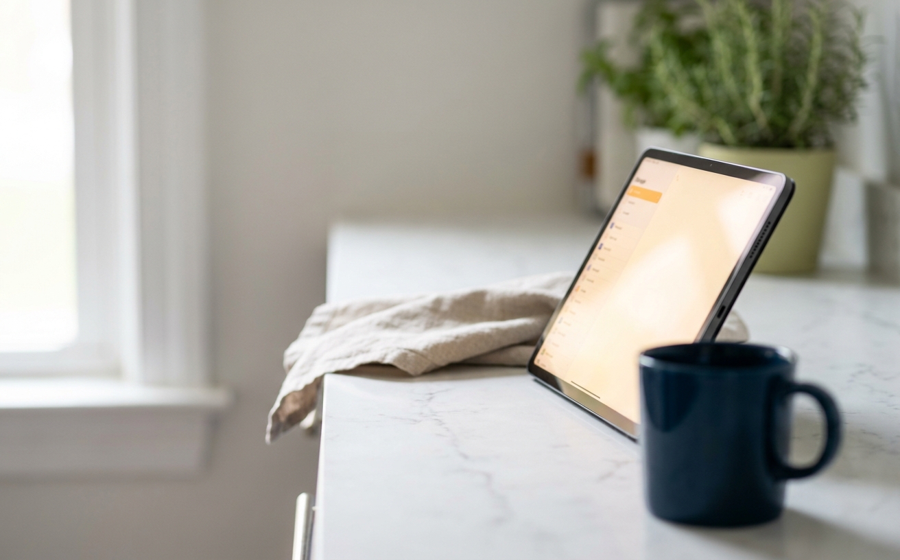 An iPad propped on a marble kitchen counter showing a checklist interface, a deep-navy coffee mug in the foreground, morning light from the left. The quiet moment between board directive and informed decision.