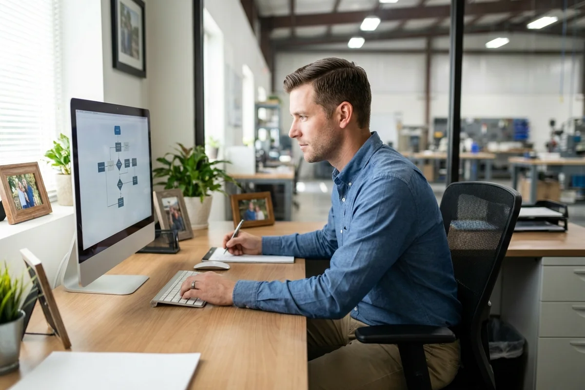 Production manager reviewing compliance documents at a small-shop workstation