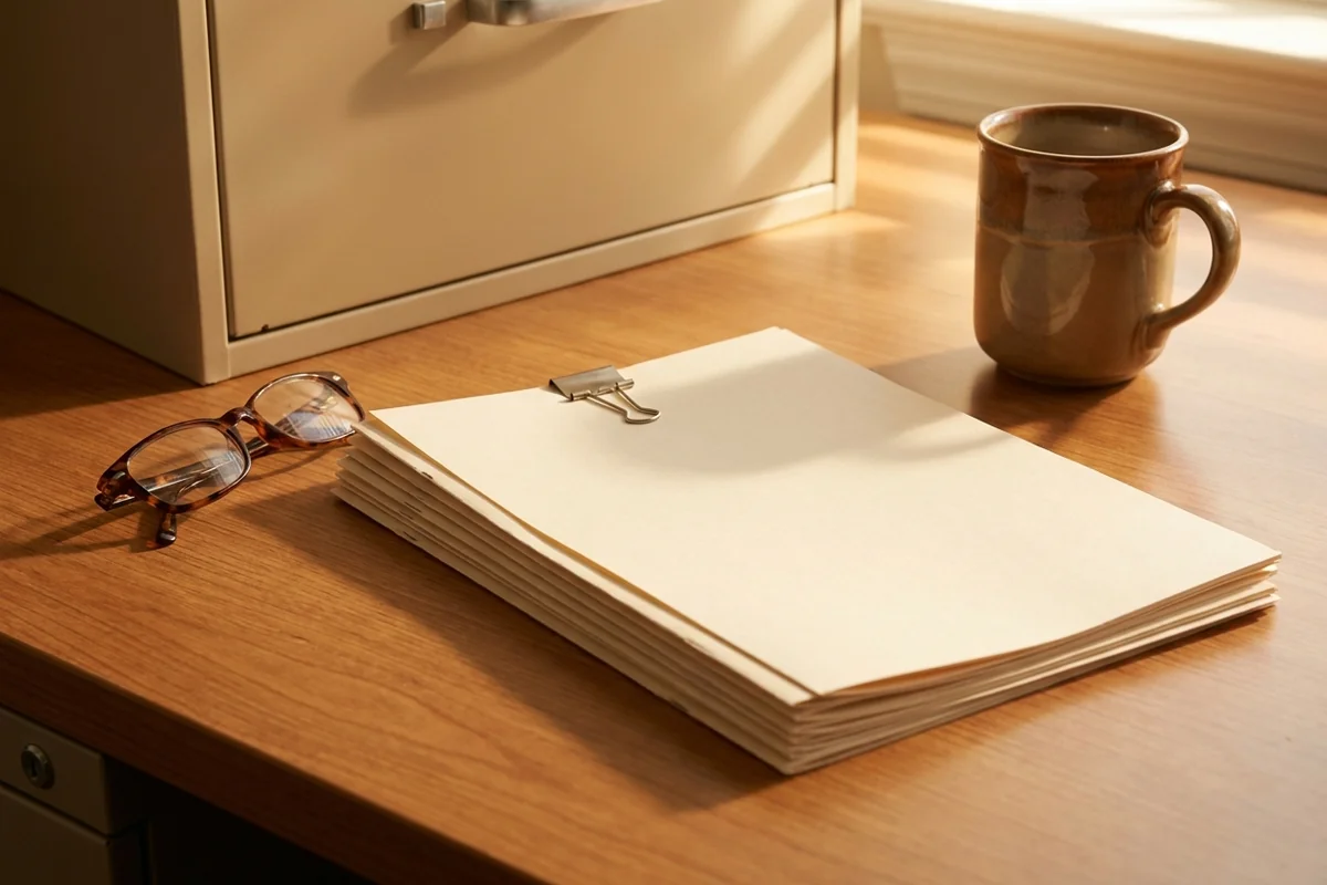 Printed System Security Plan documents and closed metal filing cabinet on a tidy office desk