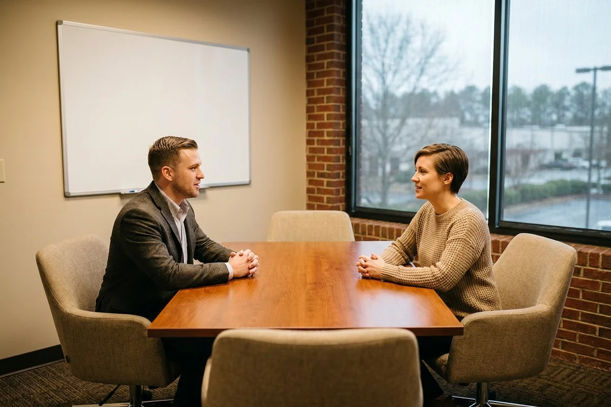 Two business professionals discussing CMMC readiness in a small conference room with a blank whiteboard