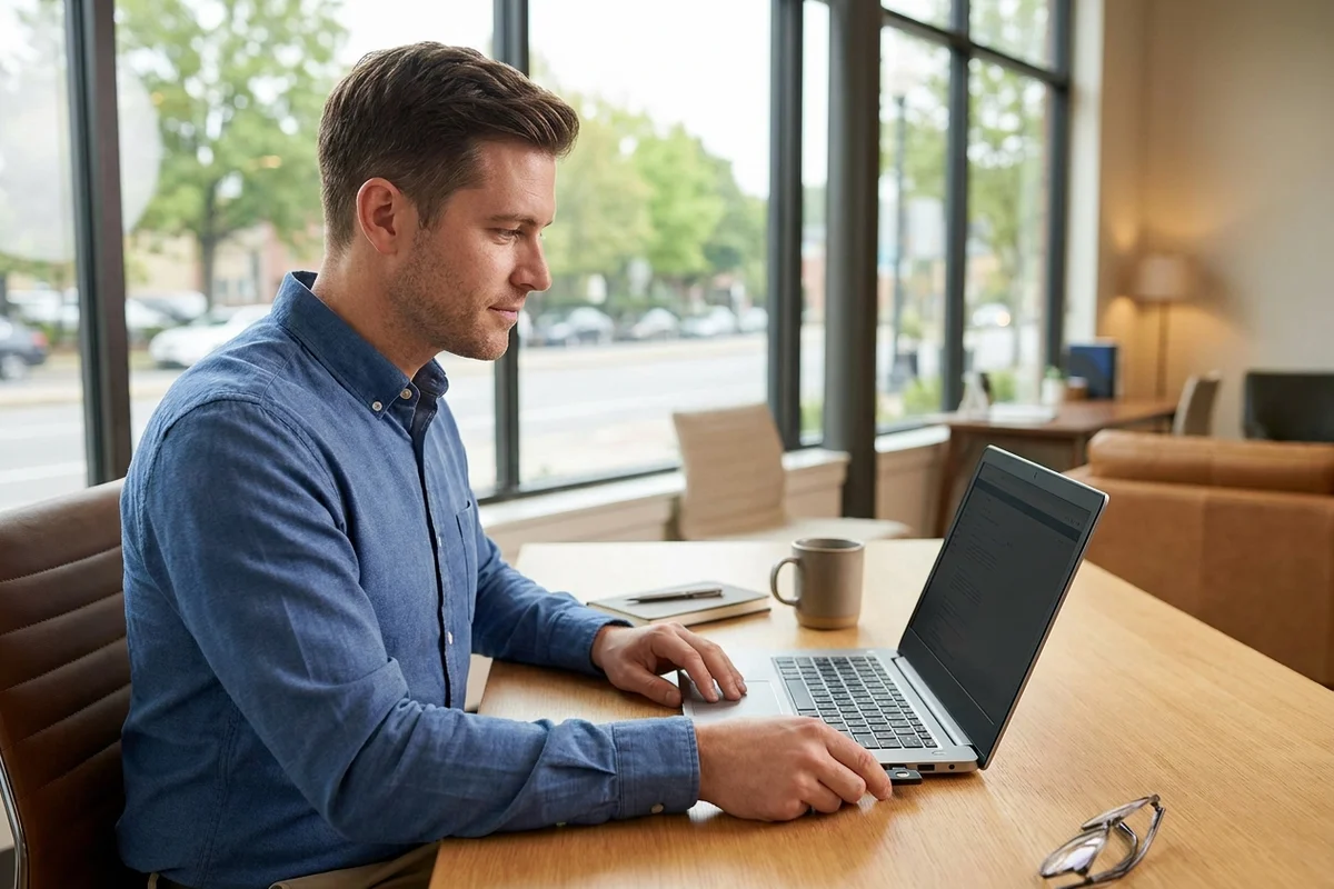 Office worker authenticating with a YubiKey plugged into a laptop USB-C port