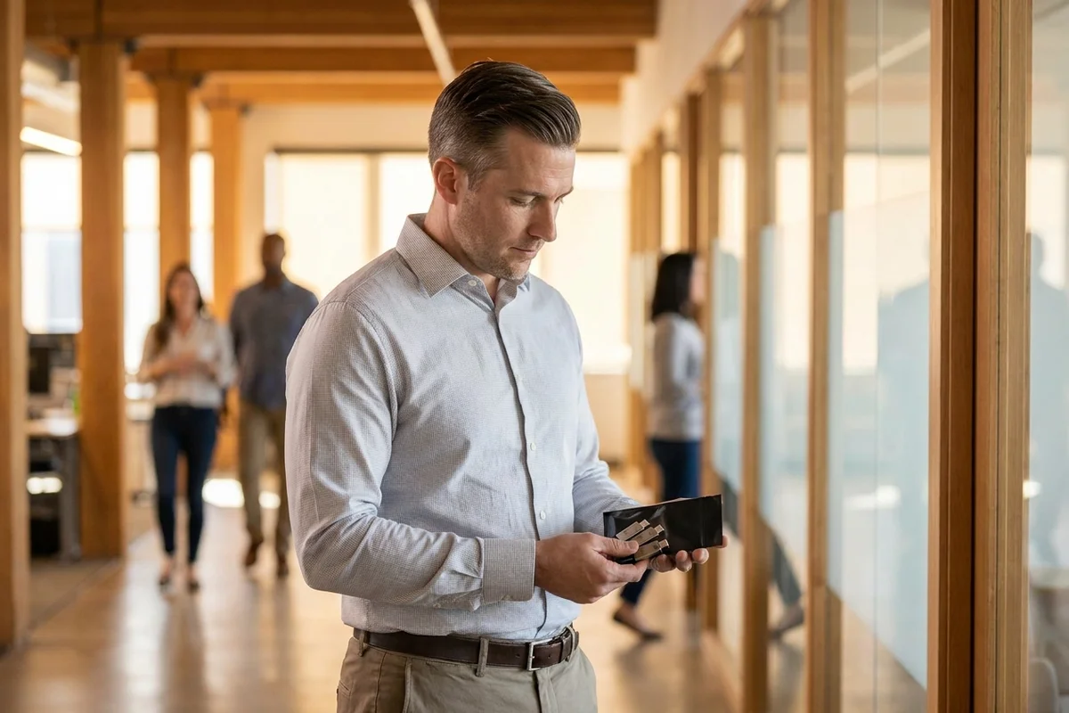 IT manager carrying a pouch of new hardware security keys for staff distribution