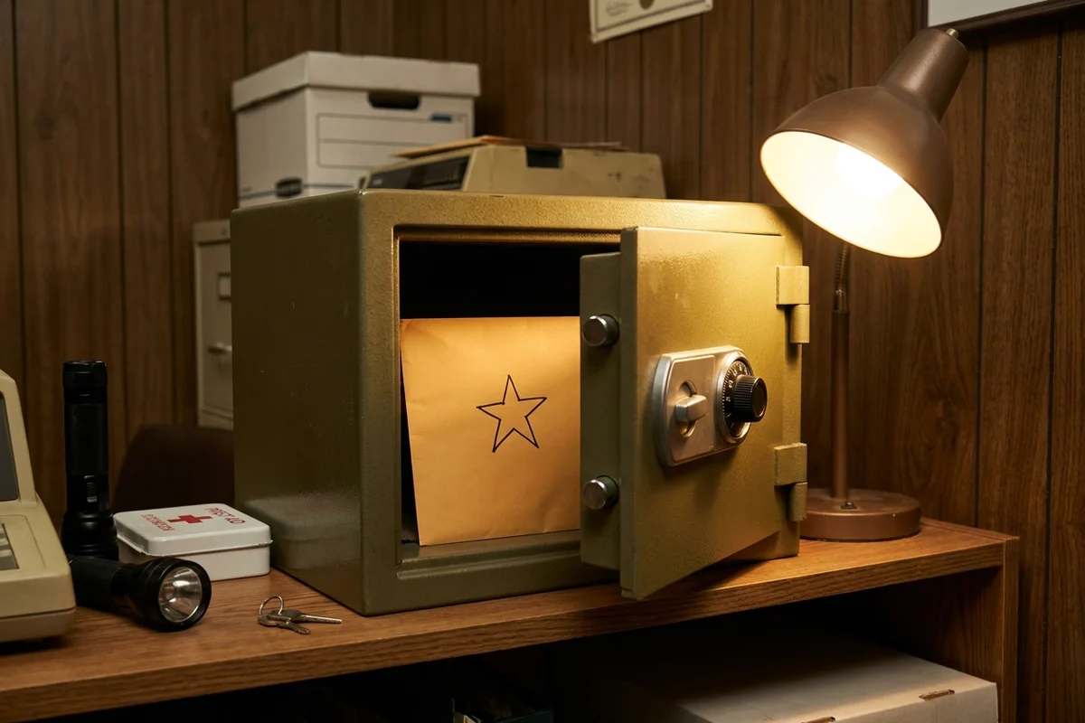 Open metal safe in a back office containing an emergency-access kit envelope